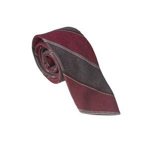 St Michael Vintage 100% Wool Striped Tie Burgundy Grey Made in Canada 44C/4019